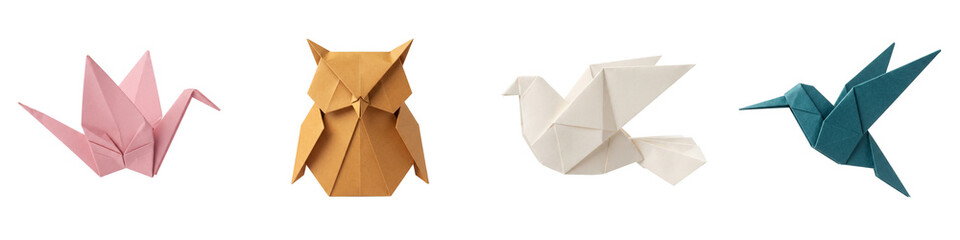 Naklejka premium Set of Four Origami Paper Birds Isolated, Folded Pink Crane Ochre Owl Cream Dove and Teal Hummingbird, Handmade Japanese Paper Craft Collection