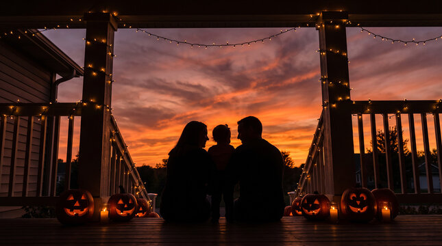 Family silhouette on decorated porch during orange autumn sunset sky.
