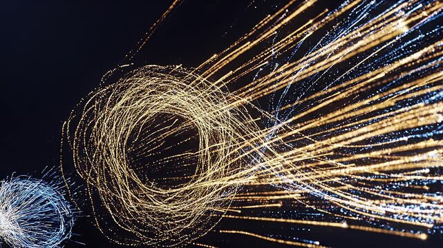 Abstract golden and blue light particles flow dynamically