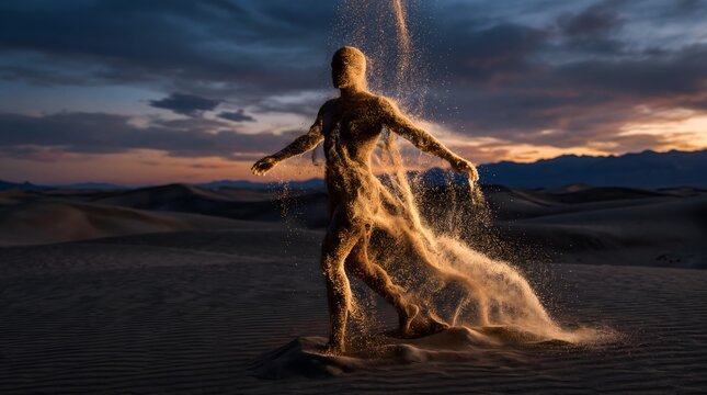 Surreal figure made of swirling sand walking through desert dunes at dusk represents time passing human existence and fragile nature of life in arid landscape.