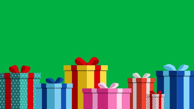Animation of colorful wrapped gift boxes with ribbons on a green screen background for chroma key video editing and copy space.