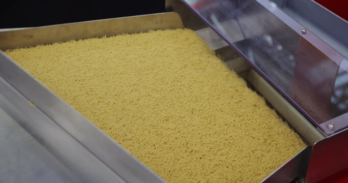 Vibrating hopper spreads filini pasta across conveyor during automated food production. Controlled discharge forms even product layer for downstream processing