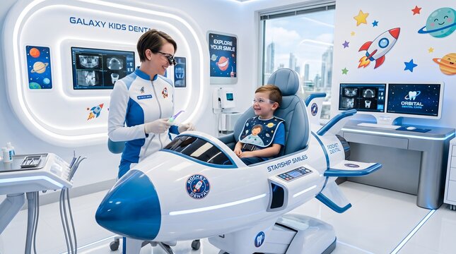 Friendly pediatric dentist showing dental tool to happy young boy sitting in space rocket dental chair at modern futuristic galaxy themed clinic.