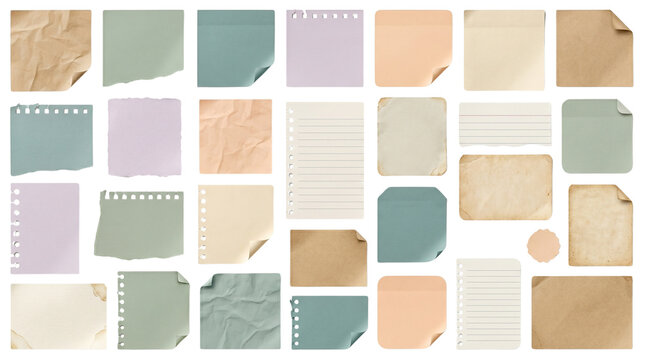 Vintage paper scraps and sticky notes collection, 28 aesthetic paper elements, pastel torn notebook pages for scrapbooking
