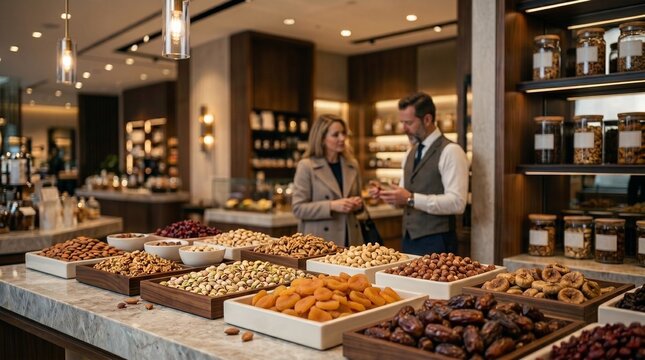Luxury gourmet food store interior with dried fruits and nuts, elegant boutique shop with wooden shelves, premium organic snacks market display