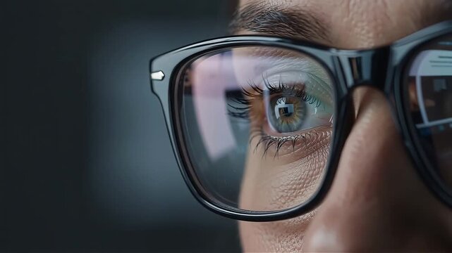 Person wearing eyeglasses looking closely at computer screen reflection in dark room office