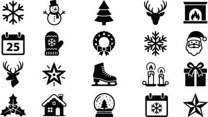 Fototapeta premium Festive December holiday glyphs depicting snowy seasonal motifs for joyful yuletide crafting or artistic creations