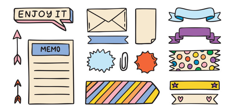 Planner washi tapes and label strips, decorative reminders, colorful doodles, hand drawn
