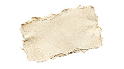 Fototapeta premium Vintage handmade paper scrap with deckle edges, rustic beige parchment texture, antique torn paper fragment on white background