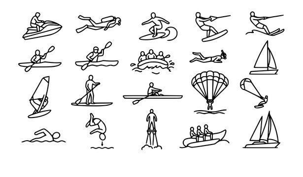 Water Adventure Sports Outline Icon Collection with 20 Jet Ski Surfing Diving and Sailing Symbols