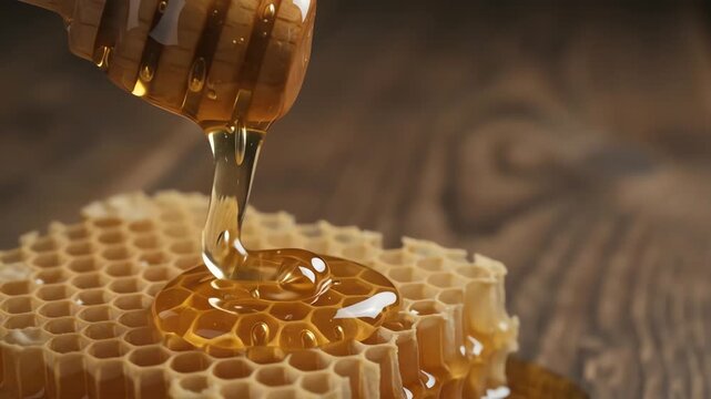 Golden honey dripping slowly from wooden dipper onto fresh honeycomb