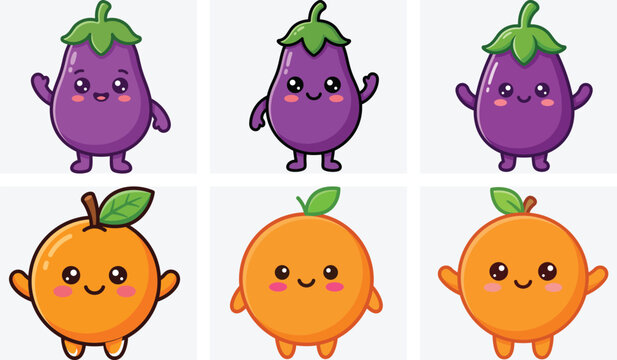 Cute kawaii eggplant and orange characters cartoon vector set with cute produce
