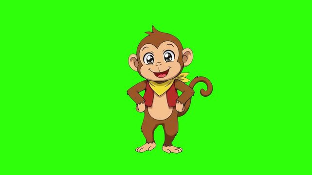 Cheerful 2D cartoon monkey character wearing a vest standing confidently isolated on a chroma key green screen background. Ideal for kids education videos, jungle themed animations, storybooks, playfu