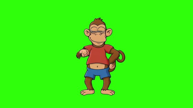 Cheerful 2D cartoon monkey character wearing a vest standing confidently isolated on a chroma key green screen background. Ideal for kids education videos, jungle themed animations, storybooks, playfu