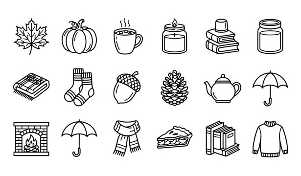 Autumn Season and Cozy Lifestyle Line Art Vector Icon Set