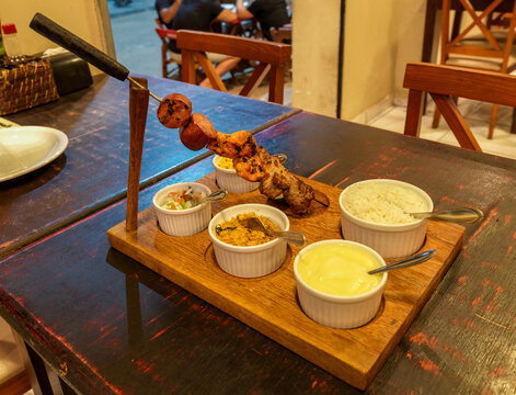 Grilled Meat Skewer and Brazilian Side Dishes, Maranh&atilde;o, Brazil
