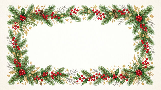 Christmas Evergreen Border Frame with Holly Berries and Festive Greenery Copy Space