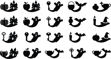 Fototapeta premium Collection of halloween themed silhouettes featuring pumpkins apples and keys silhouette