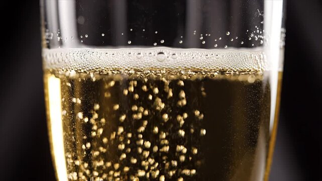 Close-up of Golden Sparkling Wine with Effervescent Bubbles