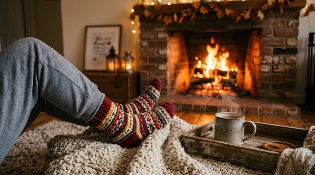 A person wearing cozy wool socks relaxing by a warm fireplace to celebrate a merry chrismas holiday season