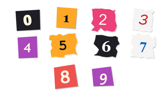 Scattered colorful paper number cutouts from zero to nine for education and counting concepts