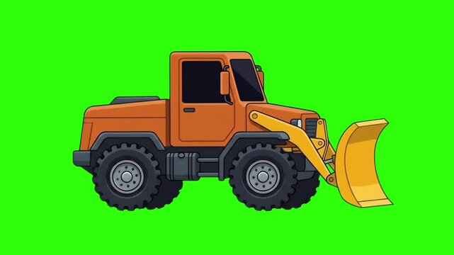 Vector cartoon illustration of an orange heavy wheeled front loader tractor with front shovel bucket over a chroma key green background. Perfect for construction machinery commercials, earthmoving equ