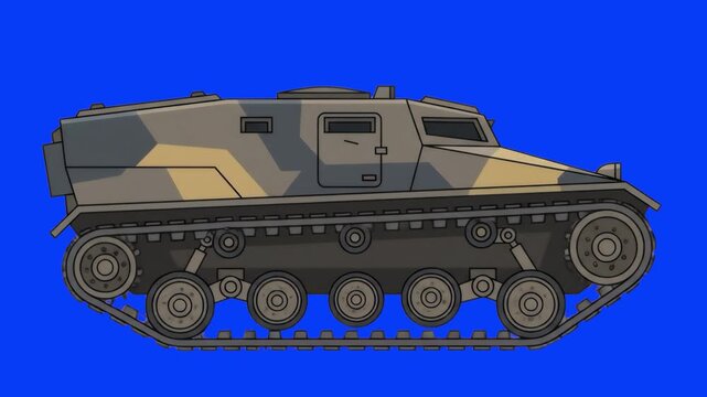 Flat 2D vector animated military camouflage tracked armored vehicle driving isolated on a chroma key blue screen background. Suitable for army warfare animations, military defense promos, combat game 