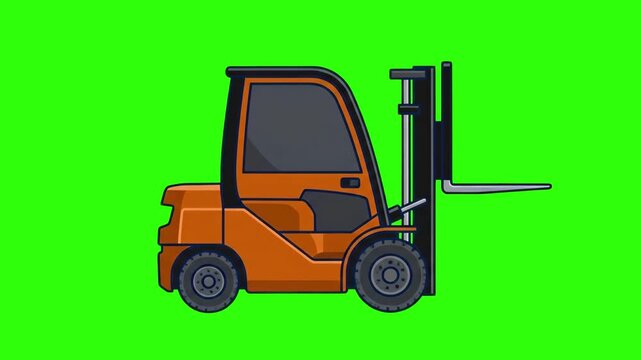 Flat 2D vector animated orange forklift warehouse loader vehicle isolated on a chroma key green screen background. Great for logistics promos, cargo handling guides, industrial storage videos, commerc