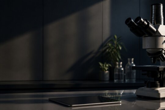 Dark lab counter holds microscope and tablet. Sunlight casts sharp shadows across the surface. Plants and glass bottles sit quietly in background