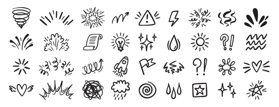 Comic effect icon set, manga doodle elements collection. Retro anime movement, exclamation and emphasis expressions. Doodle emotion of character in comic style