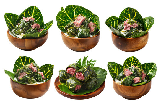 Lu Pulu corned beef cooked in coconut milk in taro leaves in wooden bowl, isolated on white background, concept of Polynesian food