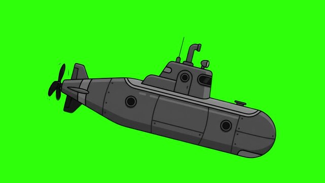 Vector cartoon illustration of a dark grey military submarine naval vessel over a chroma key green background. Great for navy defense promos, underwater exploration videos, military history documentar
