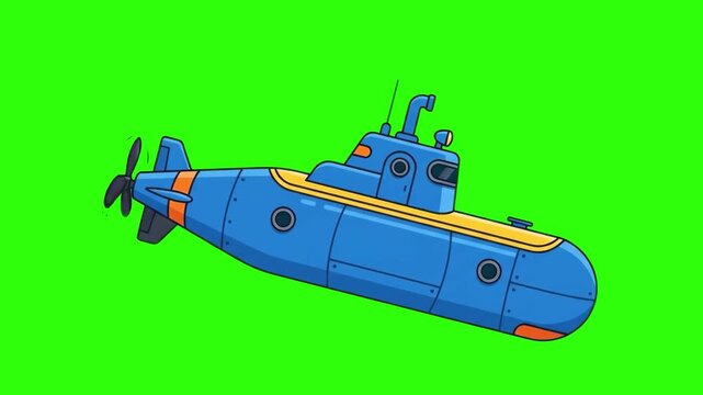 Flat 2D vector animated blue submarine underwater vehicle isolated on a chroma key green screen background. Ideal for ocean exploration videos, marine biology promos, deep sea diving clips, nautical d