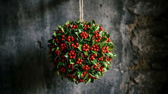 A festive hanging mistletoe ball decoration to wish everyone a very happy and joyful merry chrismas holiday season