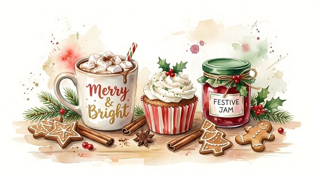 A festive watercolor illustration featuring hot cocoa and sweets to celebrate a merry chrismas holiday season theme