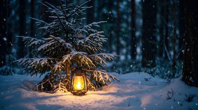 A glowing lantern under a snowy pine tree in a dark forest wishing you a merry chrismas holiday