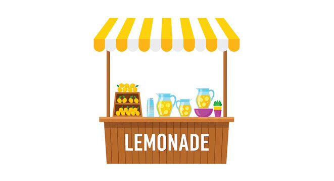 Lemonade Stand Illustration with Yellow and White Striped Awning.