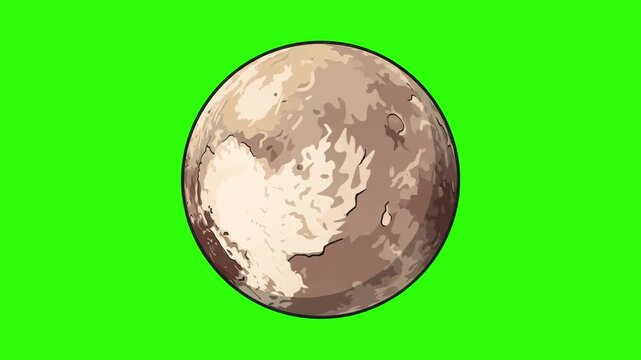 Flat 2D vector animated Pluto dwarf planet isolated on a chroma key green screen background. Great for astronomy educational videos, space exploration clips, solar system guides, sci-fi projects, and 