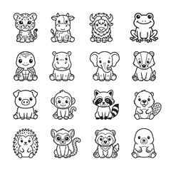 Obraz premium Set of cute wild and farm animals line icons vector illustration