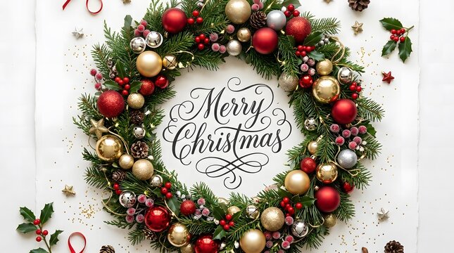 Beautiful decorative pine wreath with red and gold ornaments featuring elegant merry chrismas calligraphy on white background