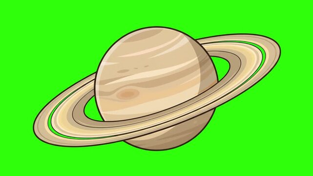 Vector cartoon illustration of a beige gas giant planet with large planetary rings over a chroma key green background. Excellent for space science videos, solar system infographics, astronomy animatio