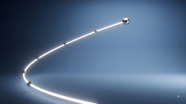 Metallic spheres connected by a luminous arc ascend on a blue gradient background