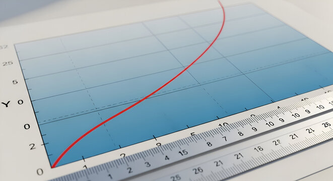 A close up view of a red curved line graph on a blue grid background with a precision measurement ruler placed alongside for mathematical analysis