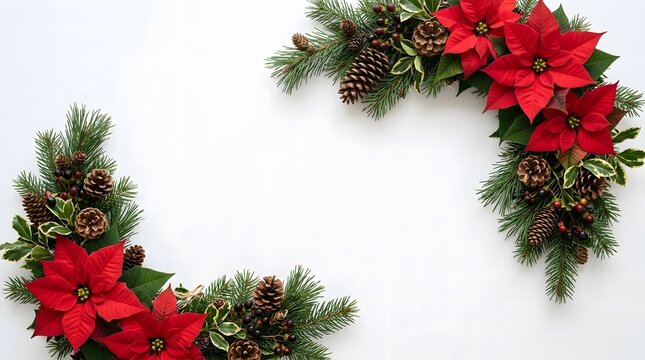 Beautiful floral frame with red poinsettia flowers and pine cones for a merry chrismas holiday greeting card background