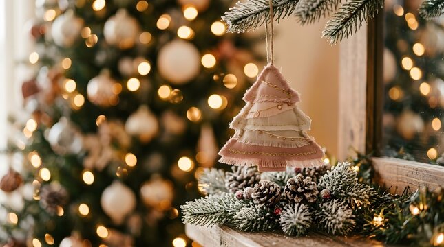 A beautiful merry chrismas background featuring a decorative hanging tree ornament with blurred golden lights and festive pine branches