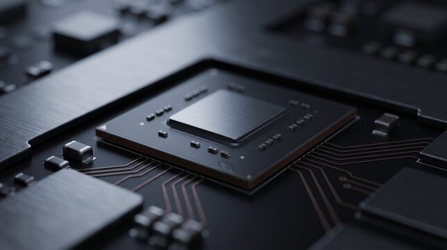 Modern Central Processor Microchip on Circuit Board with Copper Tracks
