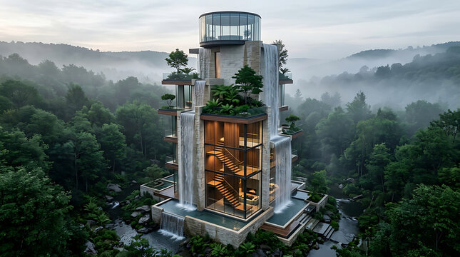 Modern luxury eco-friendly forest skyscraper with glass facade and rooftop greenery overlooking misty woodland