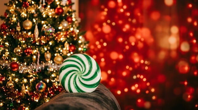 A festive merry chrismas background featuring a green peppermint candy swirl with a blurred decorated christmas tree