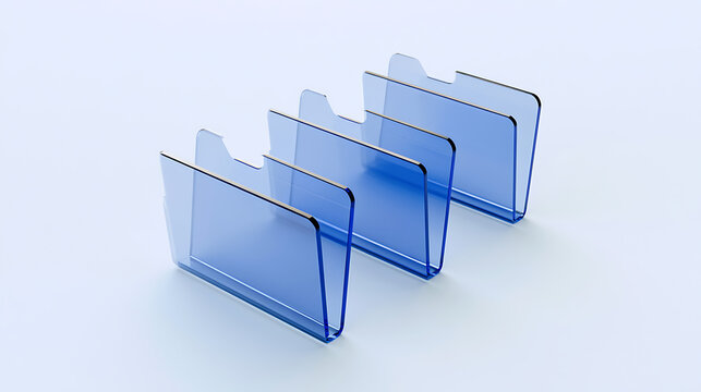 Transparent blue plastic file folders arranged in a row on a clean light background for office organization and business data management