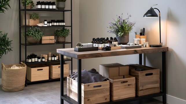A rustic wooden table with storage crates and shelves holds plants  bottles  and a lamp in a calm  organized room